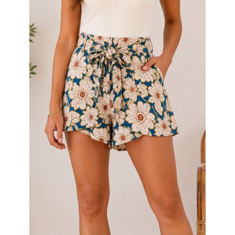 Anthropologie Floral Wrap Shorts XS Blue & Cream Tie Waist Boho Cottagecore